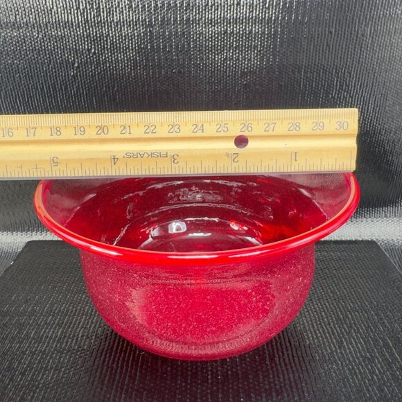 Vintage Art Glass Red Dish Bowl With White Textured Air Bubbles On Bottom Bowl - Picture 2 of 9